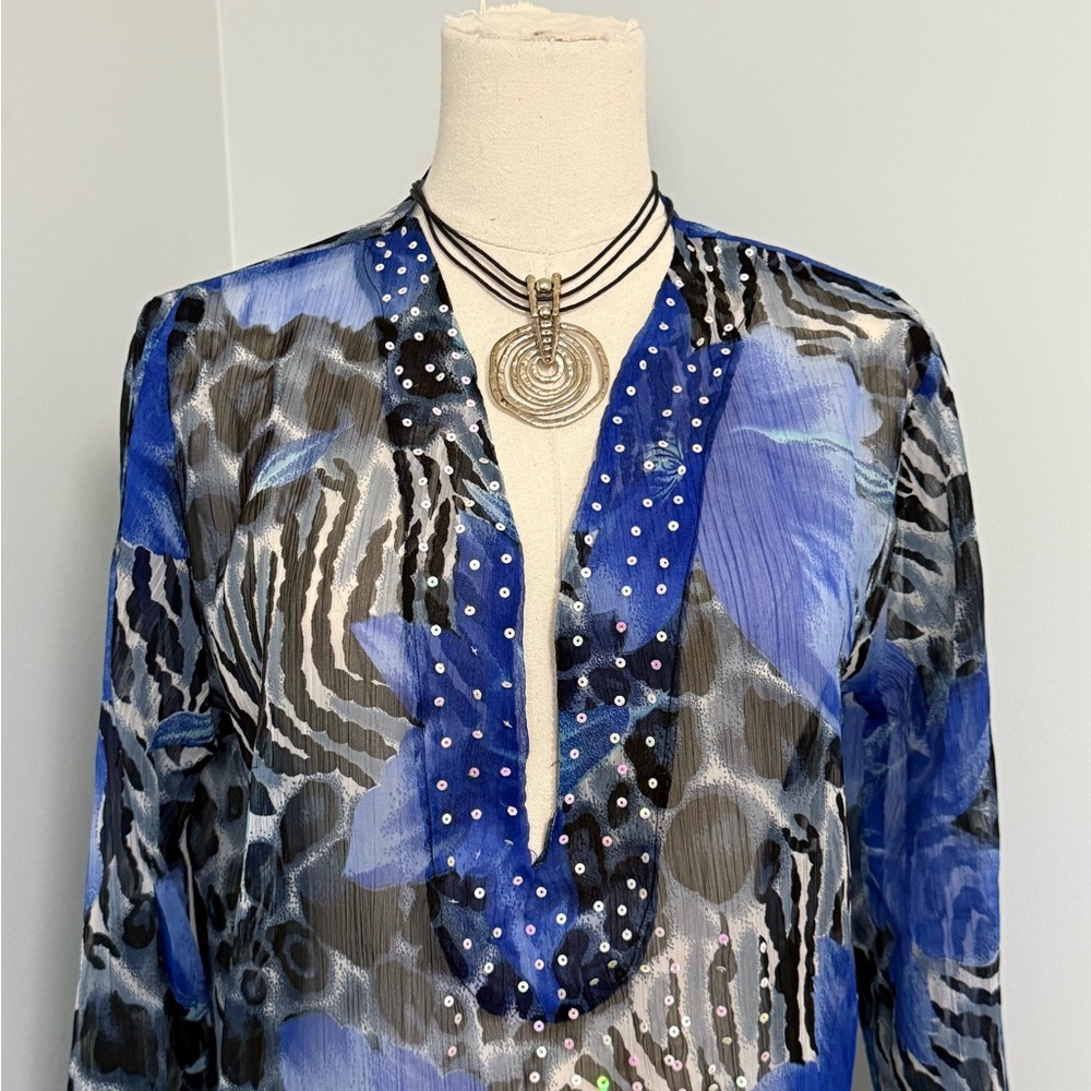 Revue Swimsuit Cover Up Womens Medium Sheer Tunic Beach Resort Long Sleeve Blue